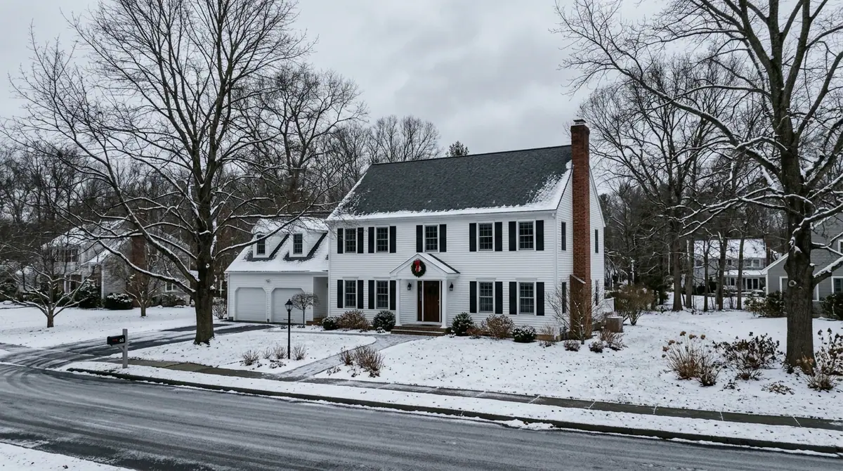 Roof repair in Franklin Square, NY: a white clapboard colonial with a gray shingle roof and brick chimney after a light snow