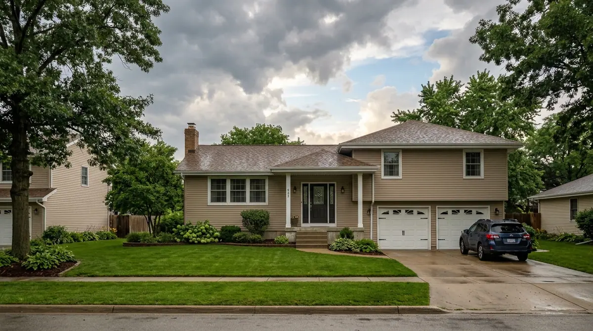 Roof repair in Franklin, WI: a split-level house with a brown shingle roof under clearing storm clouds