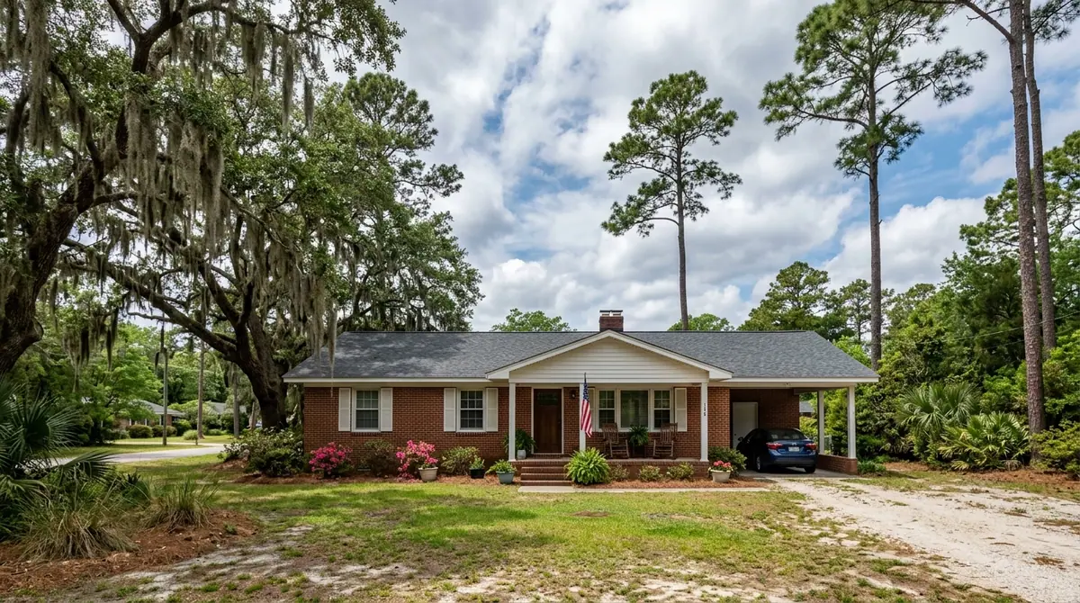 Roof repair in Jacksonville, NC: a brick ranch house with a shingle roof under longleaf pines and a moss-draped oak