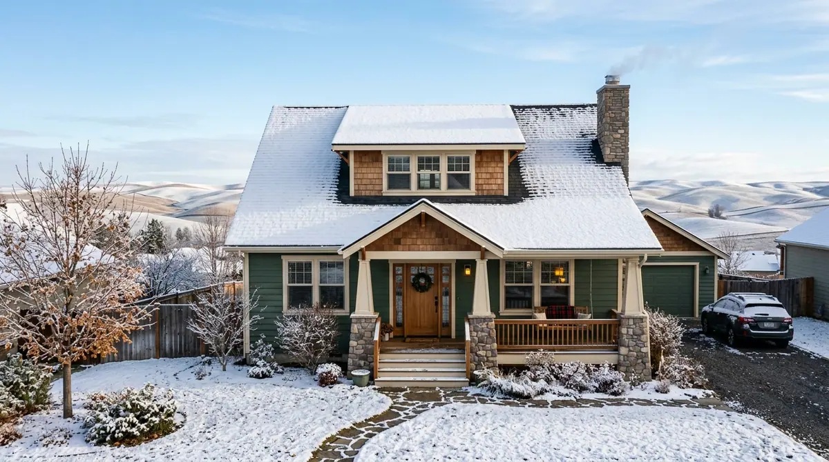 Roof repair in Moscow, ID: a craftsman house with a snow-dusted shingle roof and rolling hills behind