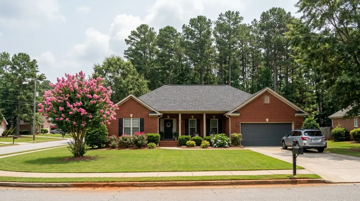 Roof repair in Ridgeland, MS: a red brick ranch house with an architectural shingle roof, tall pines and a crepe myrtle