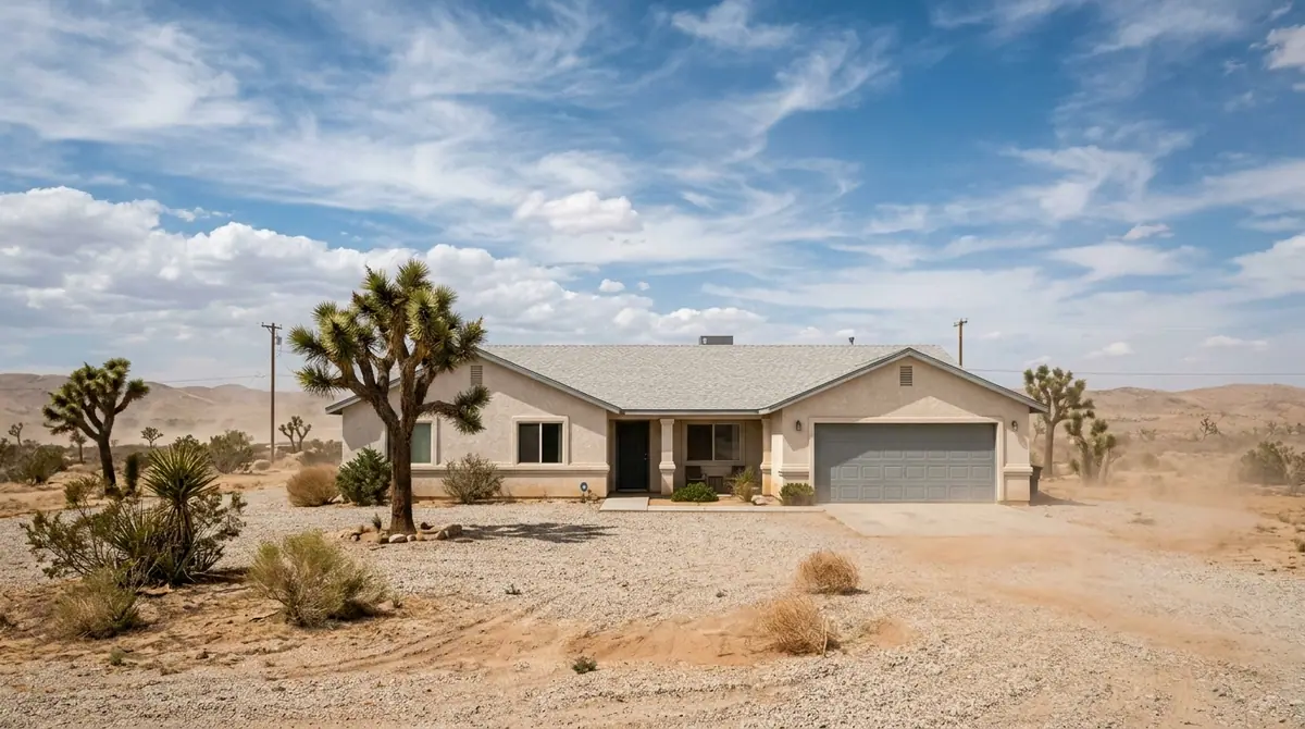 Roof repair in Rosamond, CA: a stucco home with a gray shingle roof among Joshua trees
