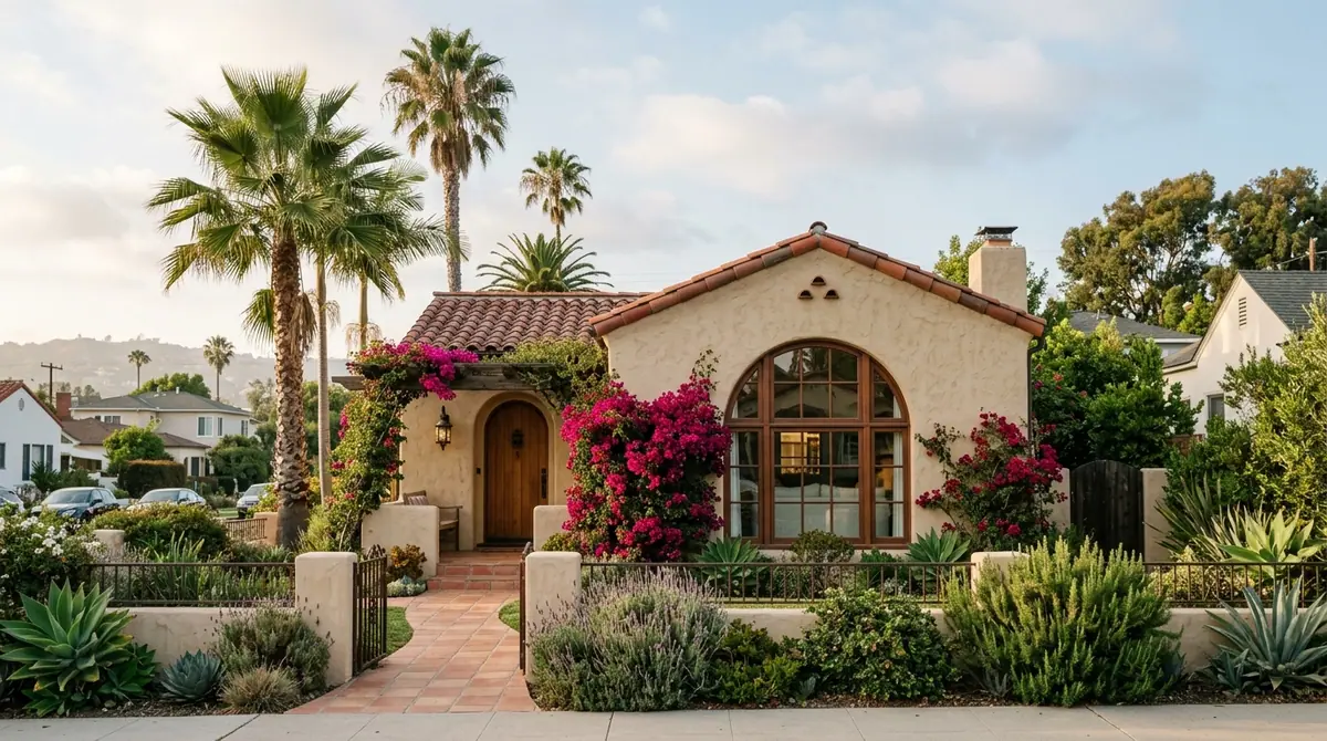 Roof repair in Stevenson Ranch, CA: a Spanish-style stucco bungalow with a clay tile roof, palms and bougainvillea