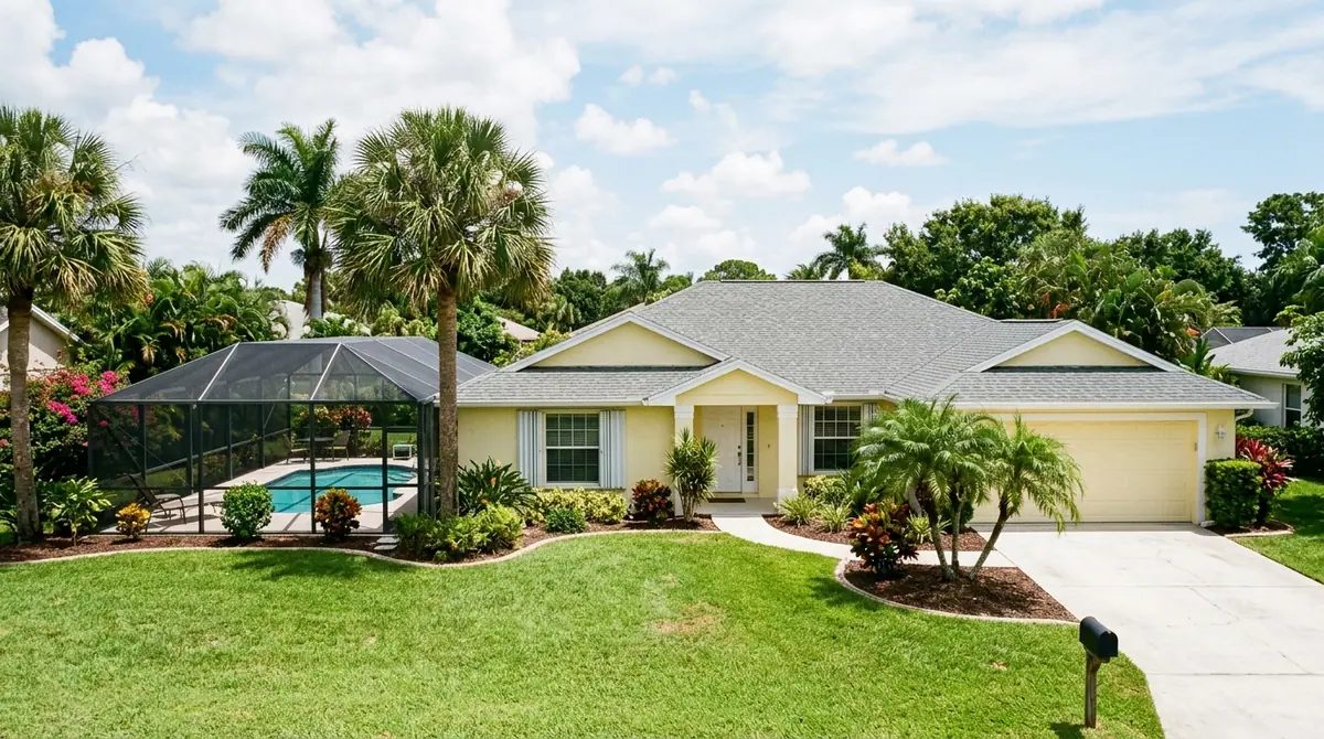 Roof repair in Titusville, FL: a stucco block home with a shingle roof, a screened pool enclosure and palms