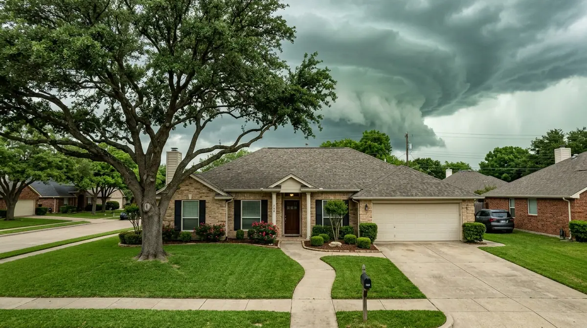Roof repair in Universal City, TX: a brick home with a composition shingle roof and a live oak under a spring storm sky