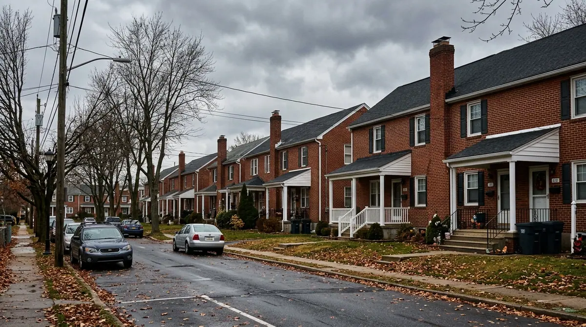 Roof repair in Upper Darby, PA: a row of brick twin homes with dark shingle roofs on an autumn street