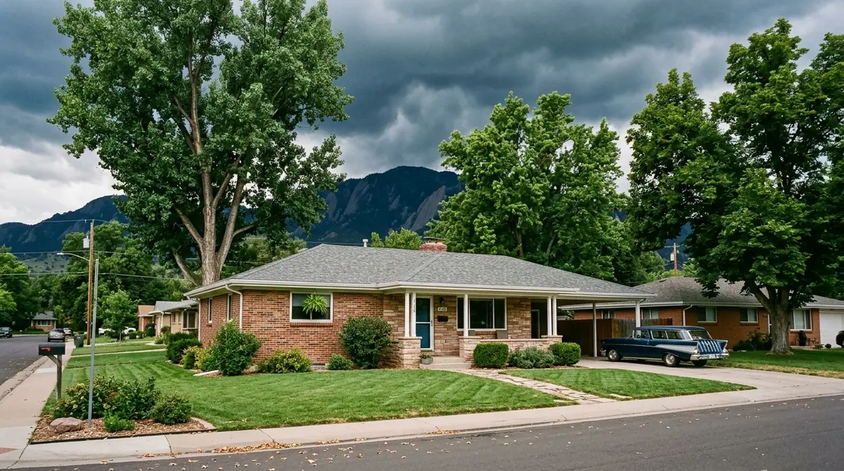 Roof repair in Wheat Ridge, CO: a brick ranch house with a shingle roof below the foothills as hail clouds gather