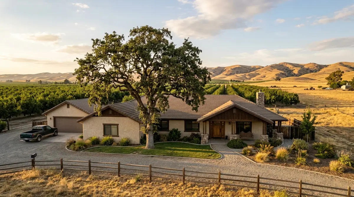 Roof repair near me in Riverbank, CA: a ranch house with a concrete tile roof, a valley oak and golden hills behind