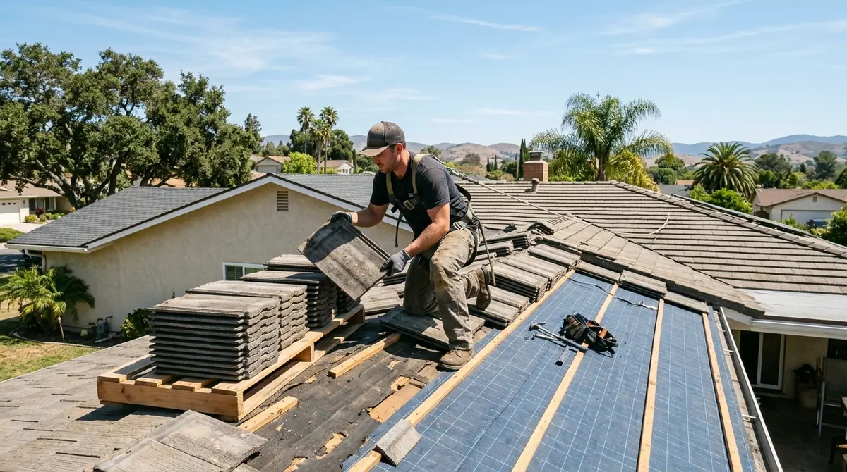 Roof repair in Fair Oaks, CA: a roofer lifting concrete tiles to replace worn underlayment