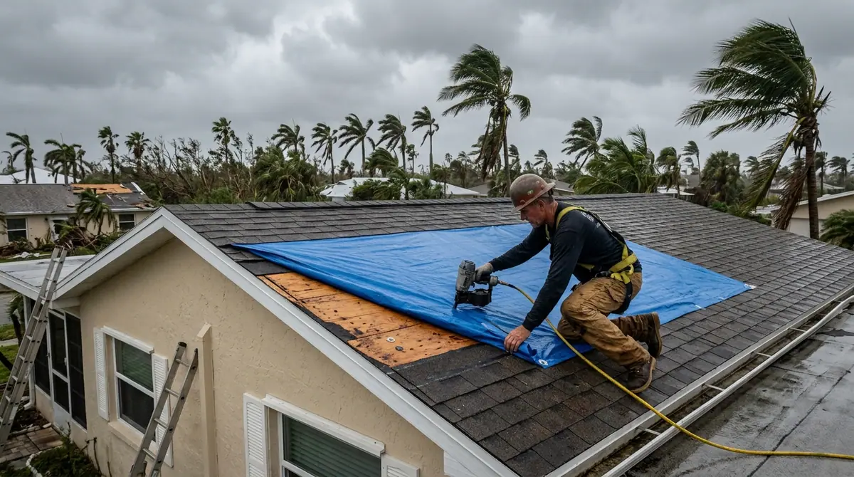 Roof repair in Jacksonville, NC: a roofer fastening an emergency tarp over storm-damaged shingles