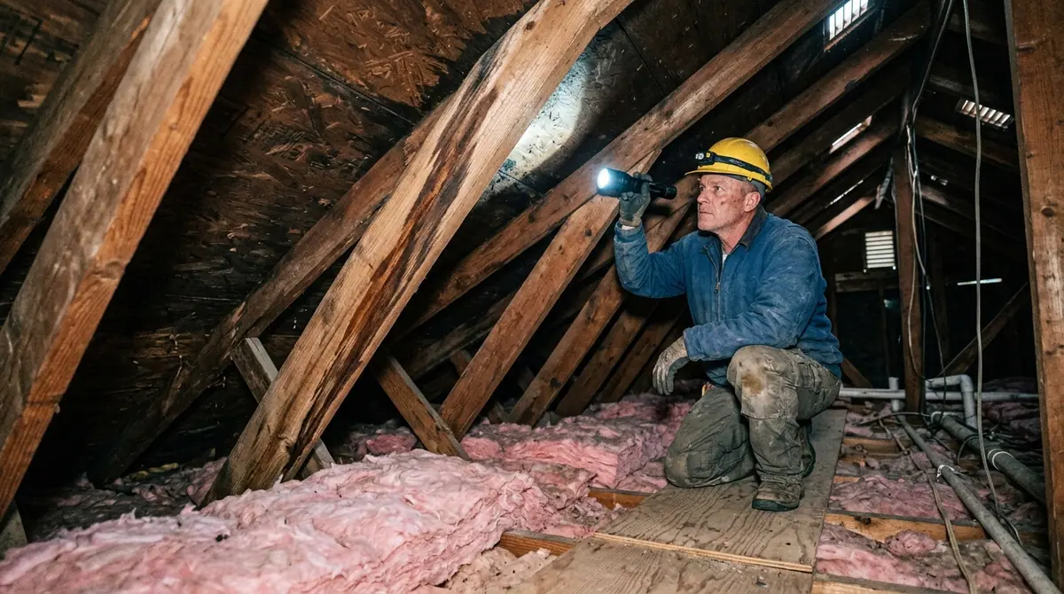 Roof repair near me: a roofer tracing a water stain along a rafter in an attic with a flashlight