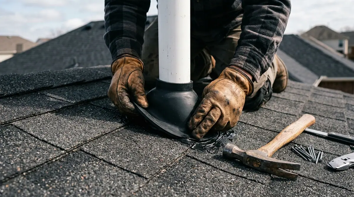 Roof repair in Orem, UT: a roofer fitting a new rubber pipe boot around a plumbing vent