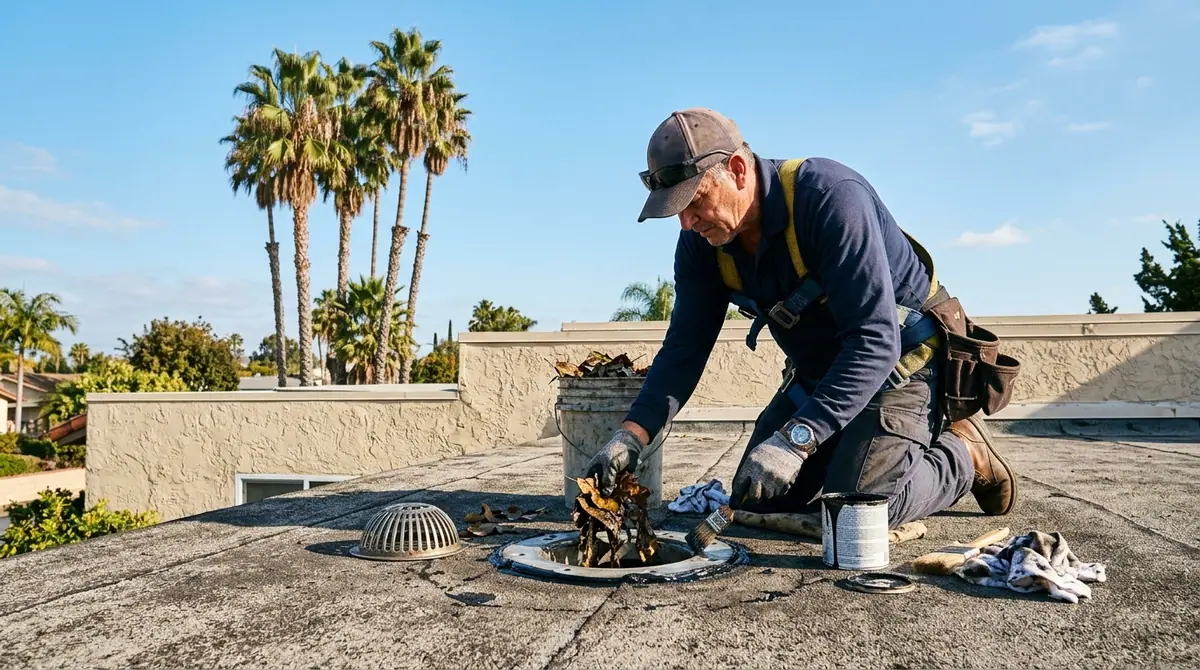 Roof repair in Calabasas, CA: a roofer clearing a blocked drain on a flat roof section