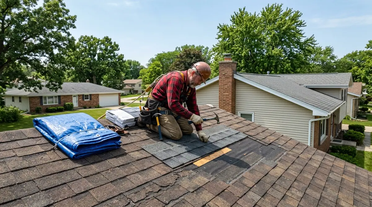 Roof repair in Franklin, WI: a roofer nailing new shingles into a storm-damaged patch of roof