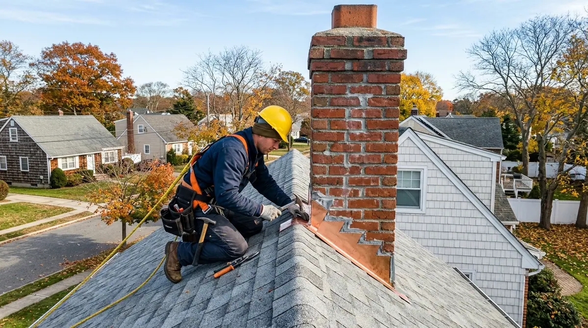 Roof repair in Franklin Square, NY: a roofer resetting step flashing around a brick chimney on a steep shingle roof