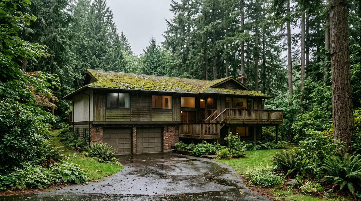 Roof repair near me in Mountlake Terrace, WA: a split-level house with moss on its shingle roof among tall firs