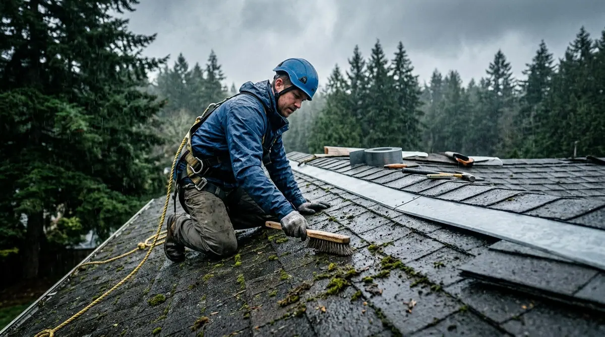 Roof repair in Bonney Lake, WA: a roofer brushing moss off a shingle roof by hand