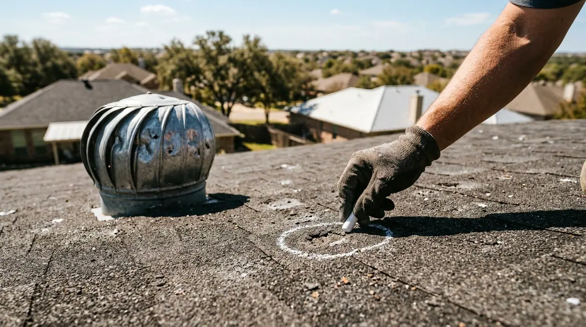 Roof repair in Manor, TX: an inspector chalk-marking hail impacts on asphalt shingles beside a roof vent