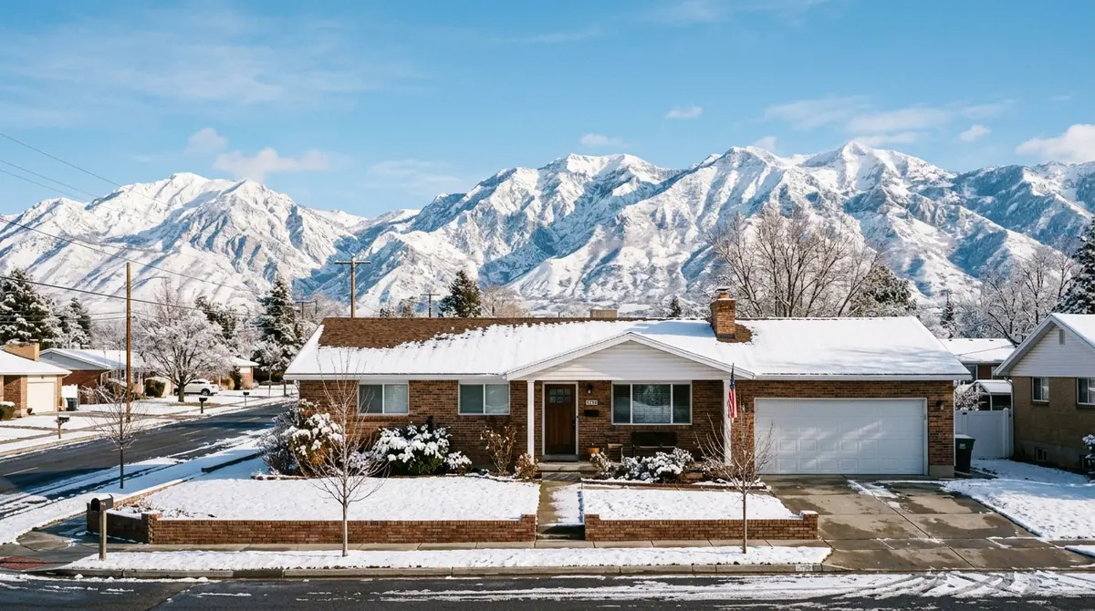 Roof repair near me in Springville, UT: a brick rambler with a snow-dusted shingle roof below snow-capped mountains