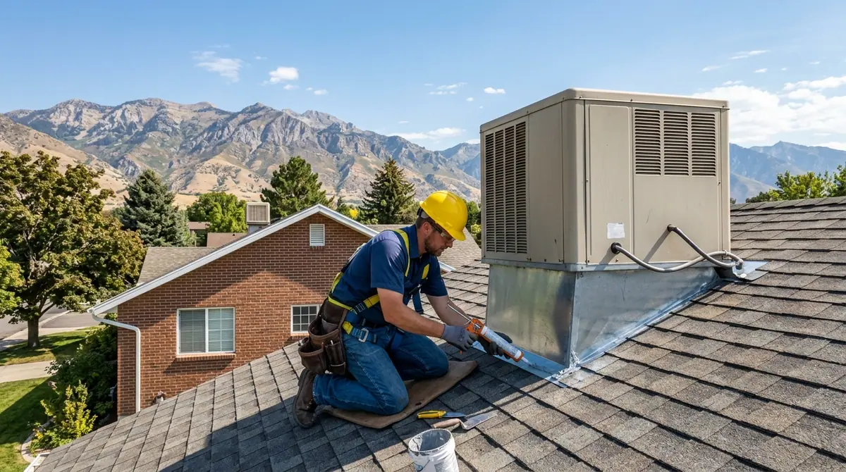 Roof repair in Orem, UT: a roofer resealing the flashing around a roof-mounted swamp cooler